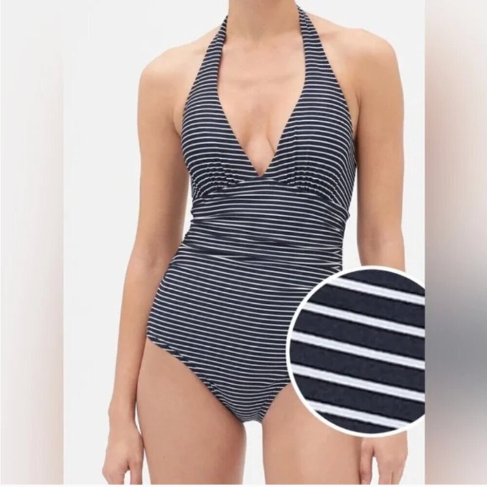 GAP One Piece Swimsuit Navy Blue Stripe Halter Tie Tummy Control Size Small